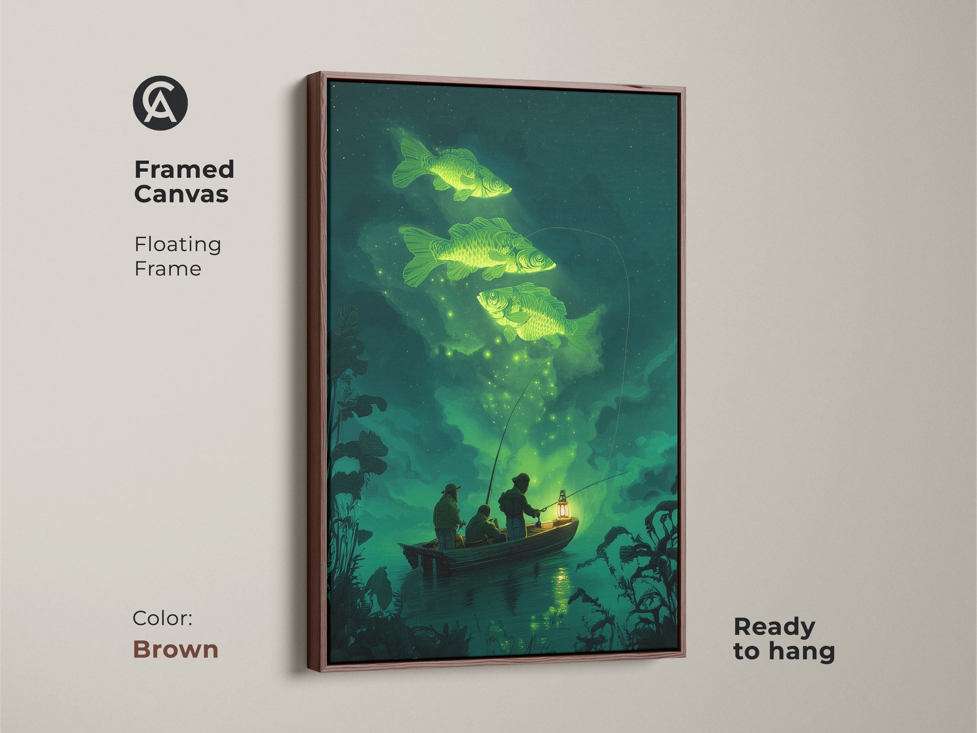 Framed canvas in a brown floating frame. The surreal fishing wall art is ready to hang. The fantasy nature canvas art shows fishermen. They are in a rowboat under a starry sky. Glowing carp swim above. This unique angler wall decor adds charm.