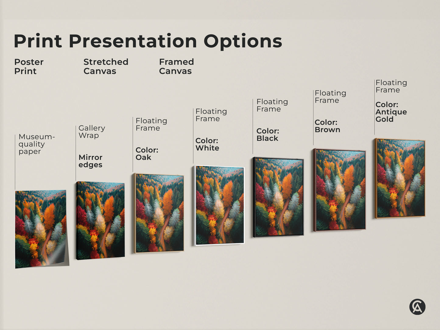Explore print presentation options for forest landscape artwork. Choose from poster prints stretched canvas and framed canvas. Customize your wall art with various frame colors. Find the perfect art for your space.