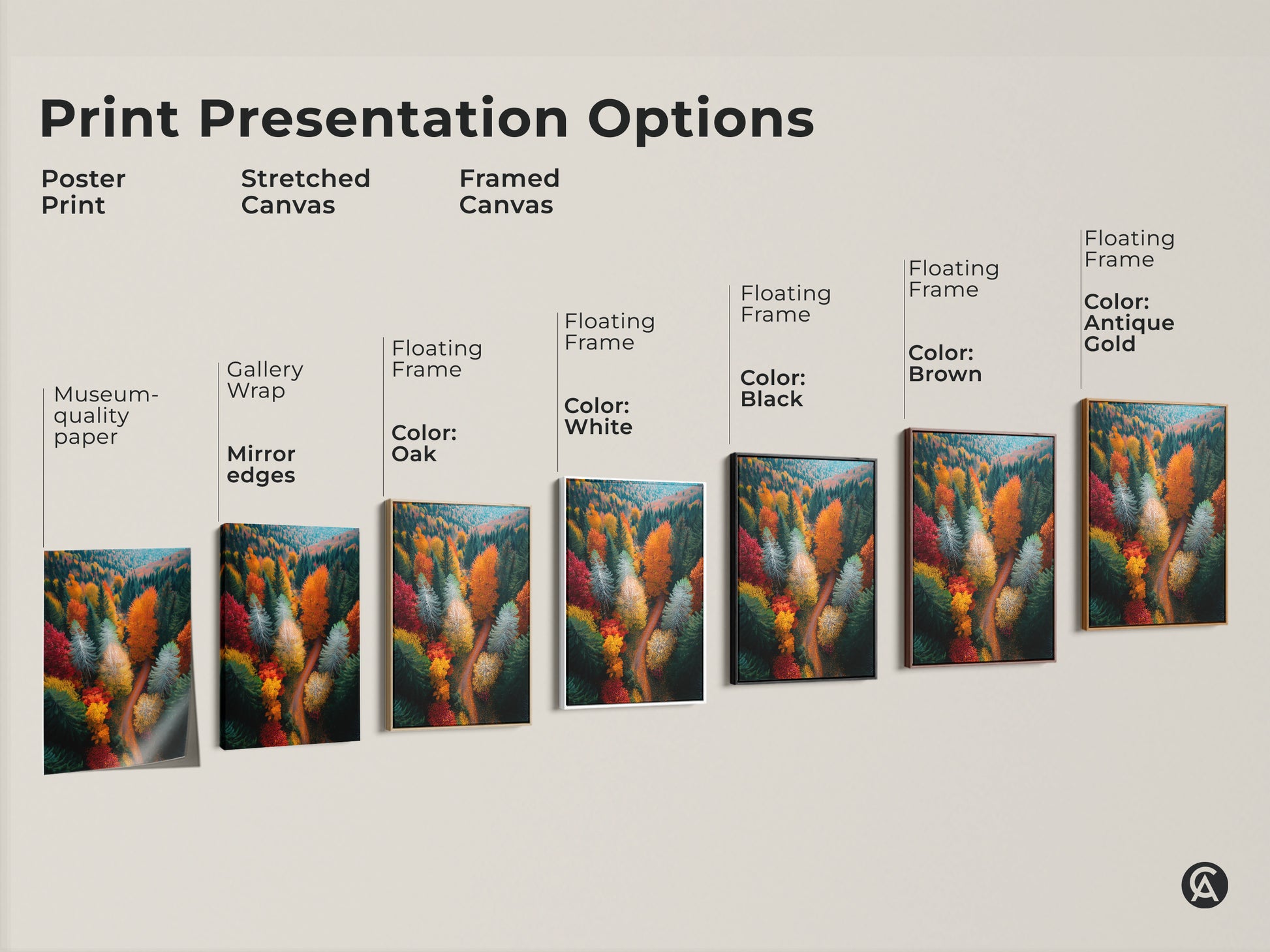 Explore print presentation options for forest landscape artwork. Choose from poster prints stretched canvas and framed canvas. Customize your wall art with various frame colors. Find the perfect art for your space.