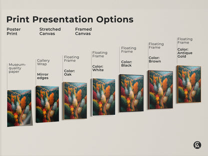Explore print presentation options for forest landscape artwork. Choose from poster prints stretched canvas and framed canvas. Customize your wall art with various frame colors. Find the perfect art for your space.