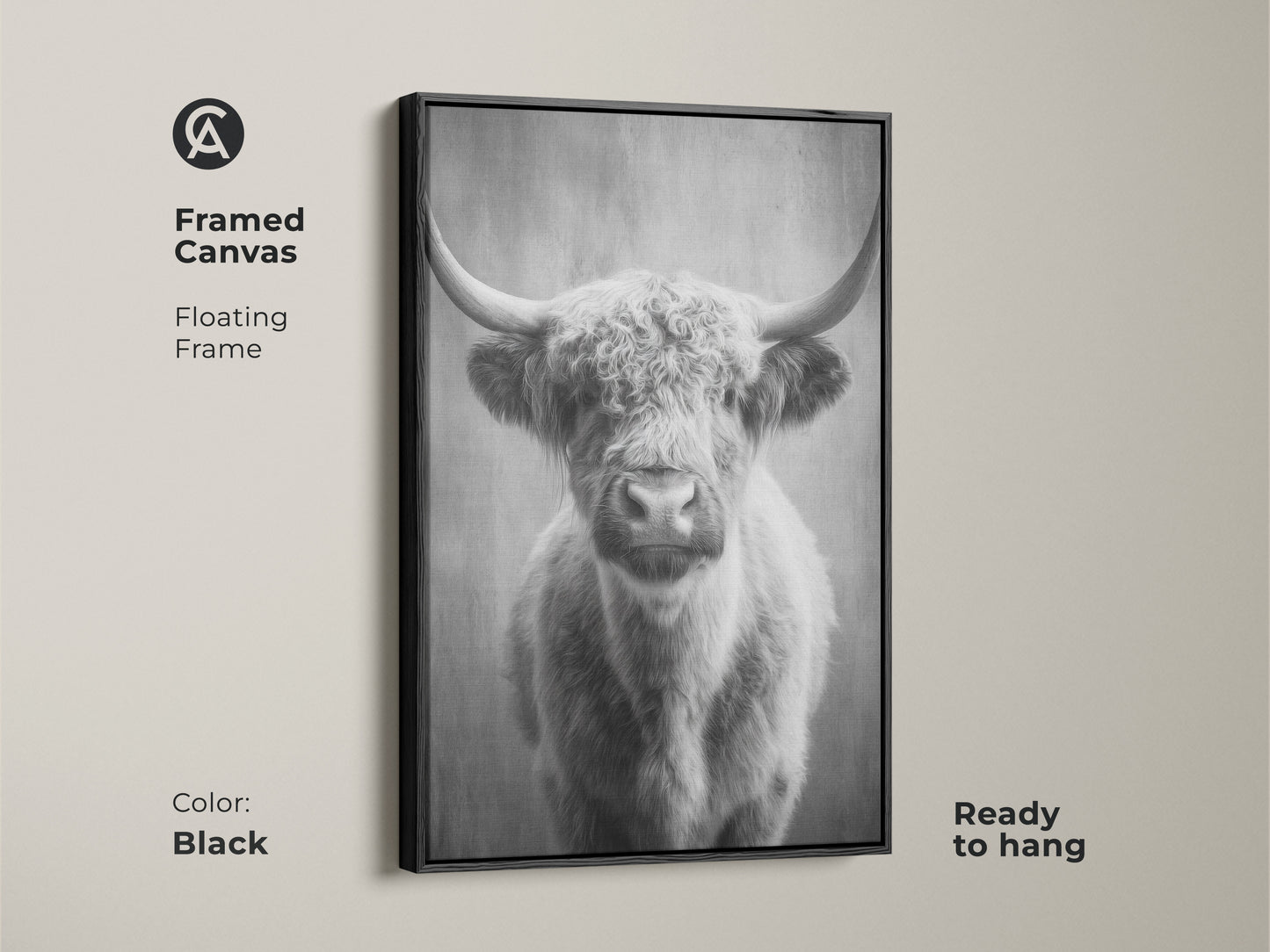 Black framed canvas featuring a monochrome highland cow. This floating frame enhances the photorealistic cow art. Ready to hang this Scottish cattle canvas art complements bedroom wall art. A rustic animal artwork.