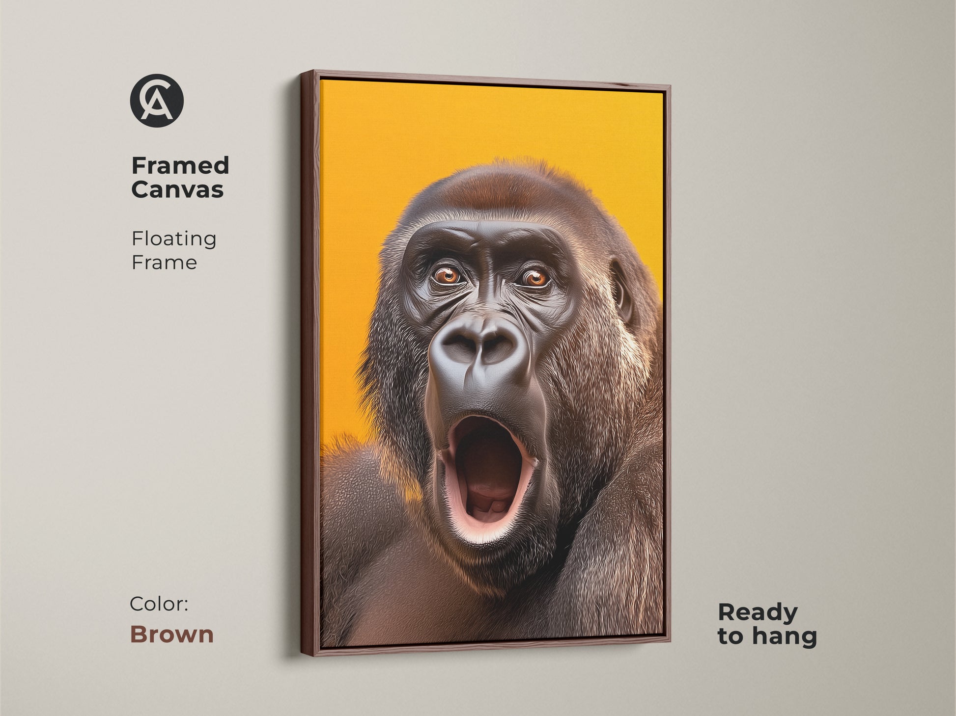 Framed canvas featuring realistic gorilla artwork. This primate art has a floating brown frame. The wildlife wall art is ready to hang. It is a yellow orange canvas print.