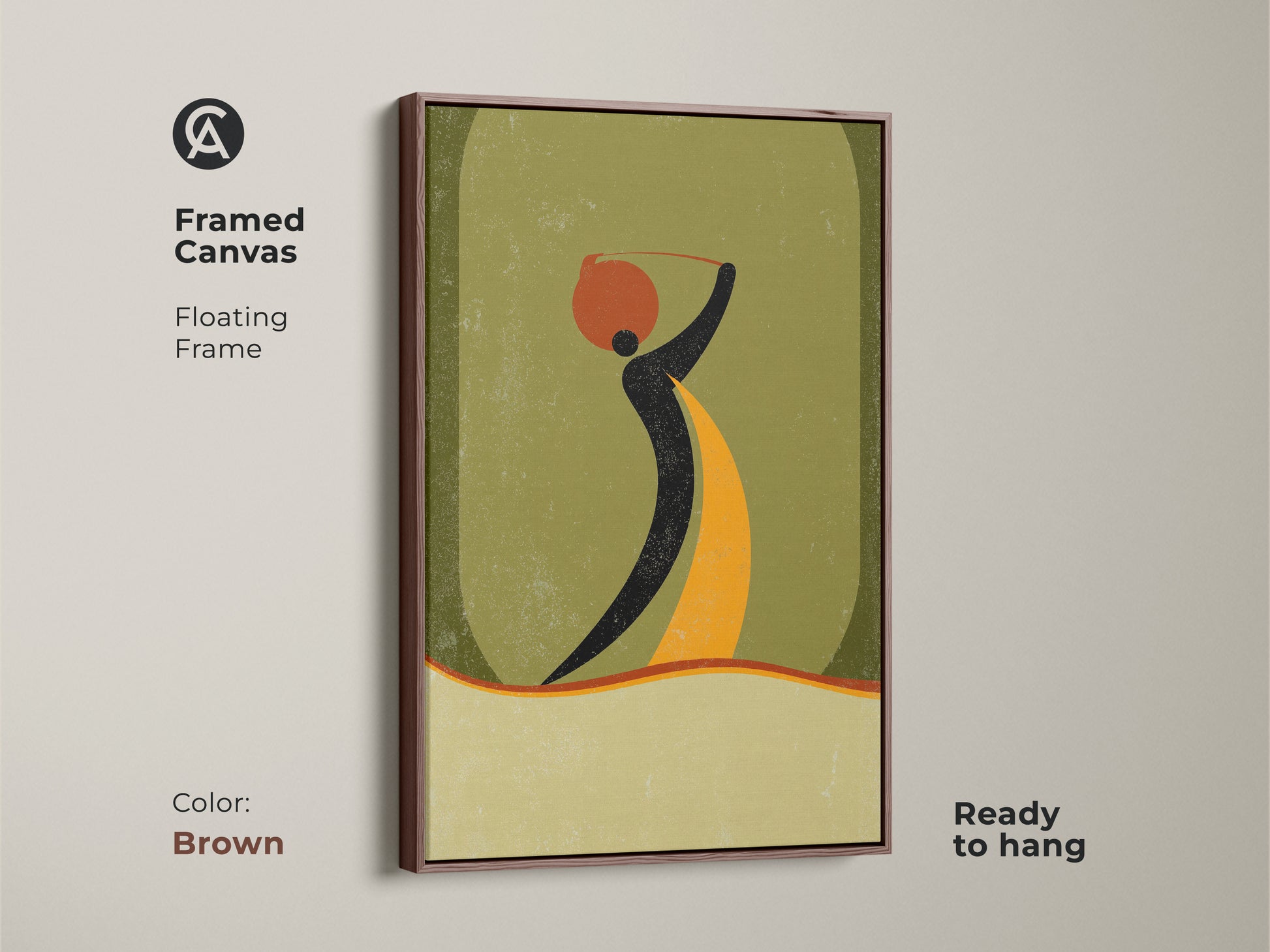 Framed canvas presents an abstract woman carrying a pot artwork with a brown floating frame. This boho wall art piece features mid-century modern decor. The orange yellow and green art elevates entryway decor.