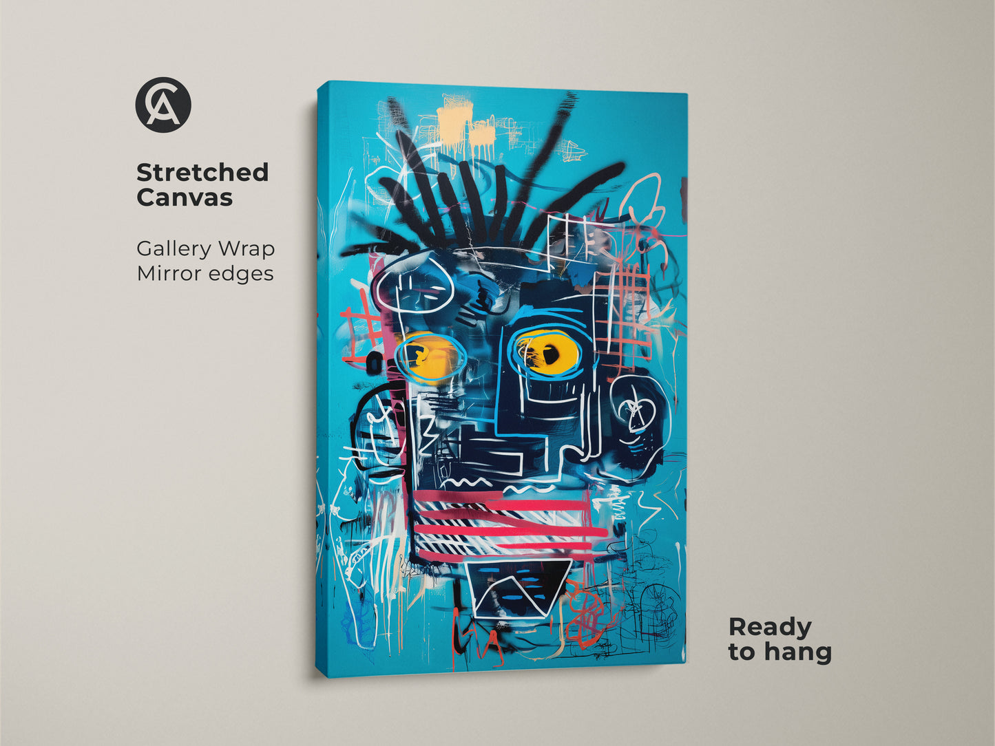 Close-up of a stretched canvas print. The artwork features an abstract face with striking yellow eyes on a blue background. The canvas has mirror edges. It is a gallery-wrapped piece. Ready to hang for a modern art display.