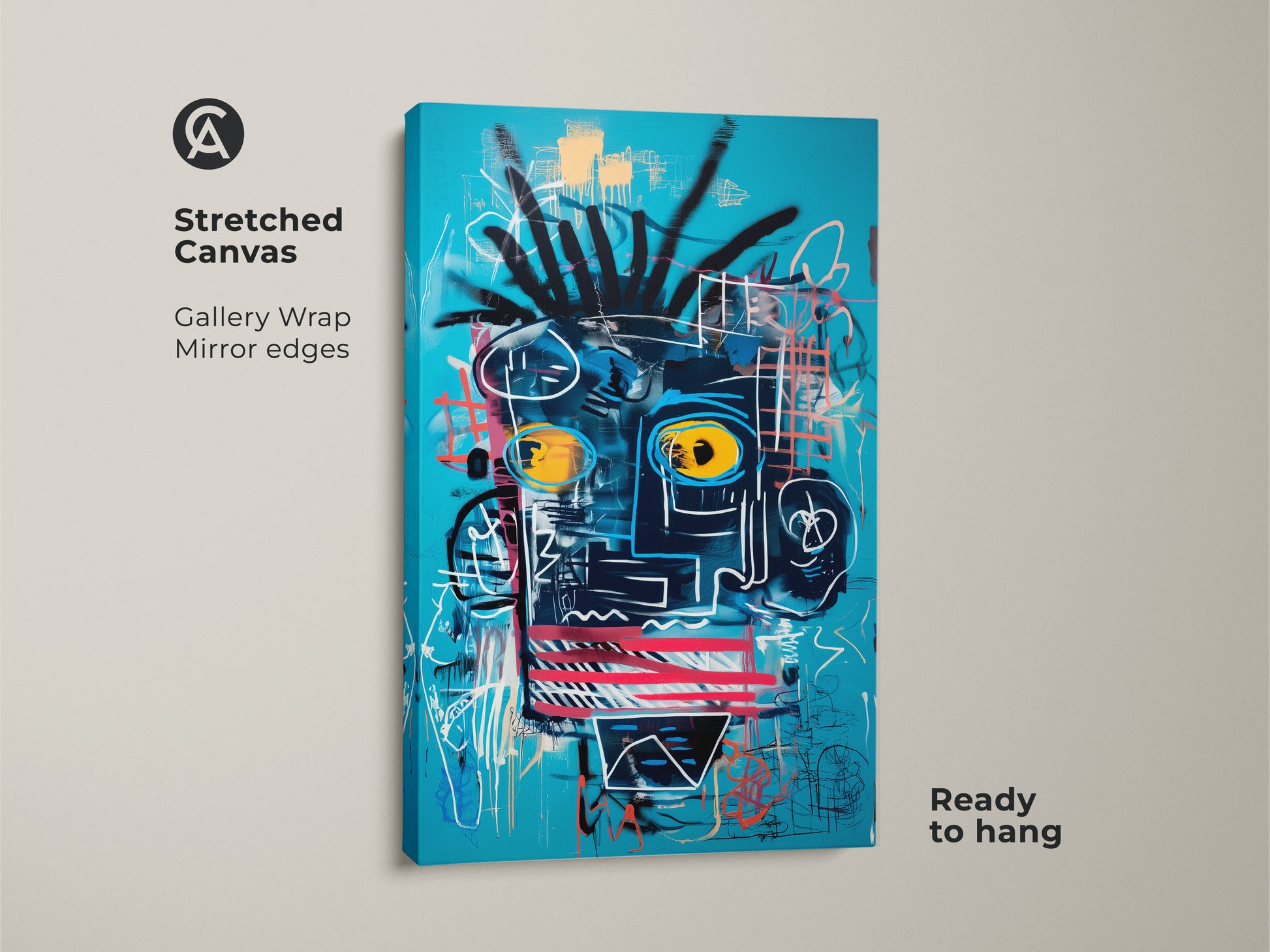 Close-up of a stretched canvas print. The artwork features an abstract face with striking yellow eyes on a blue background. The canvas has mirror edges. It is a gallery-wrapped piece. Ready to hang for a modern art display.