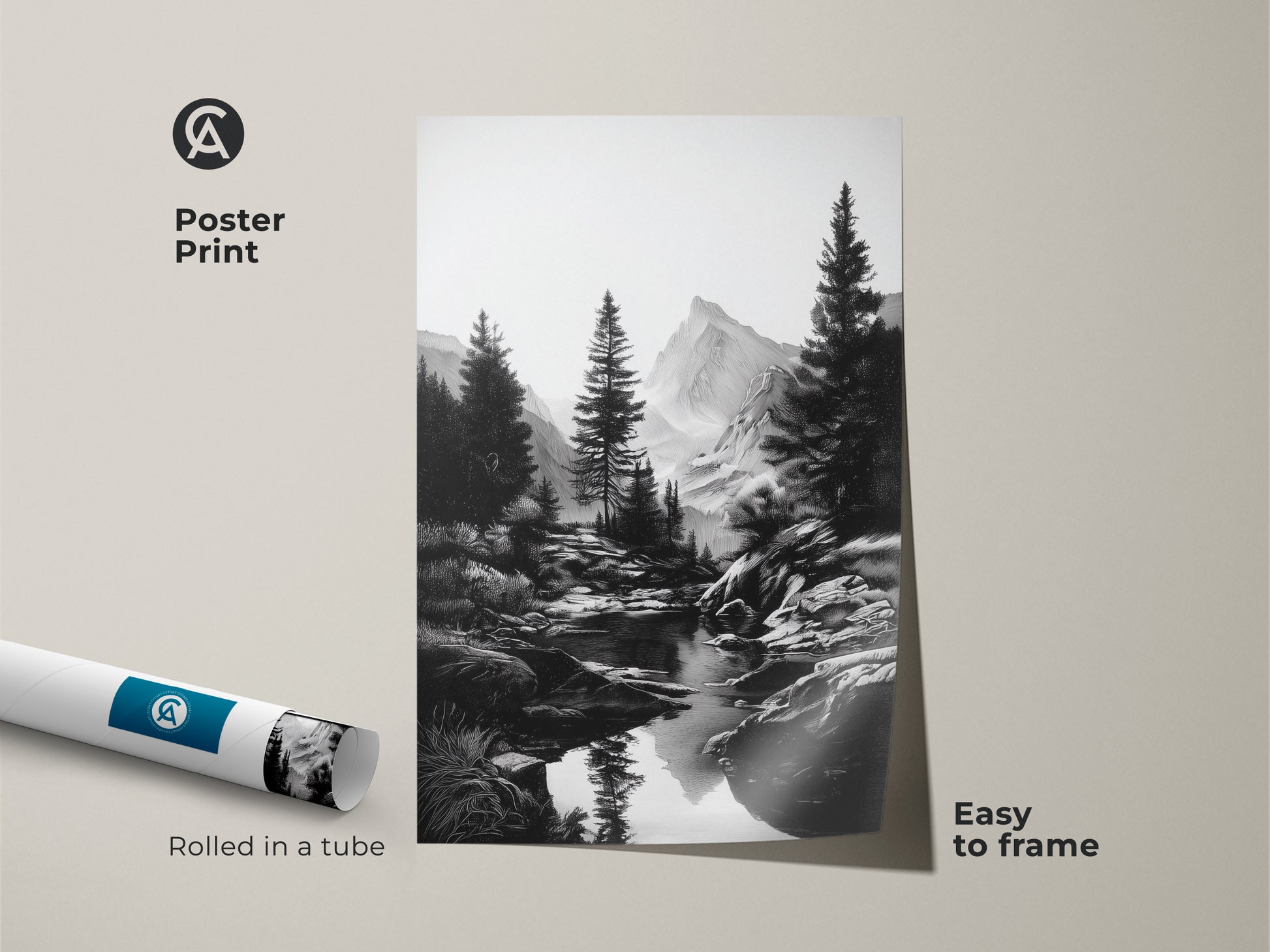 A poster print featuring a black and white mountain landscape. It showcases pine trees and a winding river. Rolled in a tube this monochrome nature art is easy to frame. This minimalist line art is a great gift for hikers and outdoor enthusiasts.
