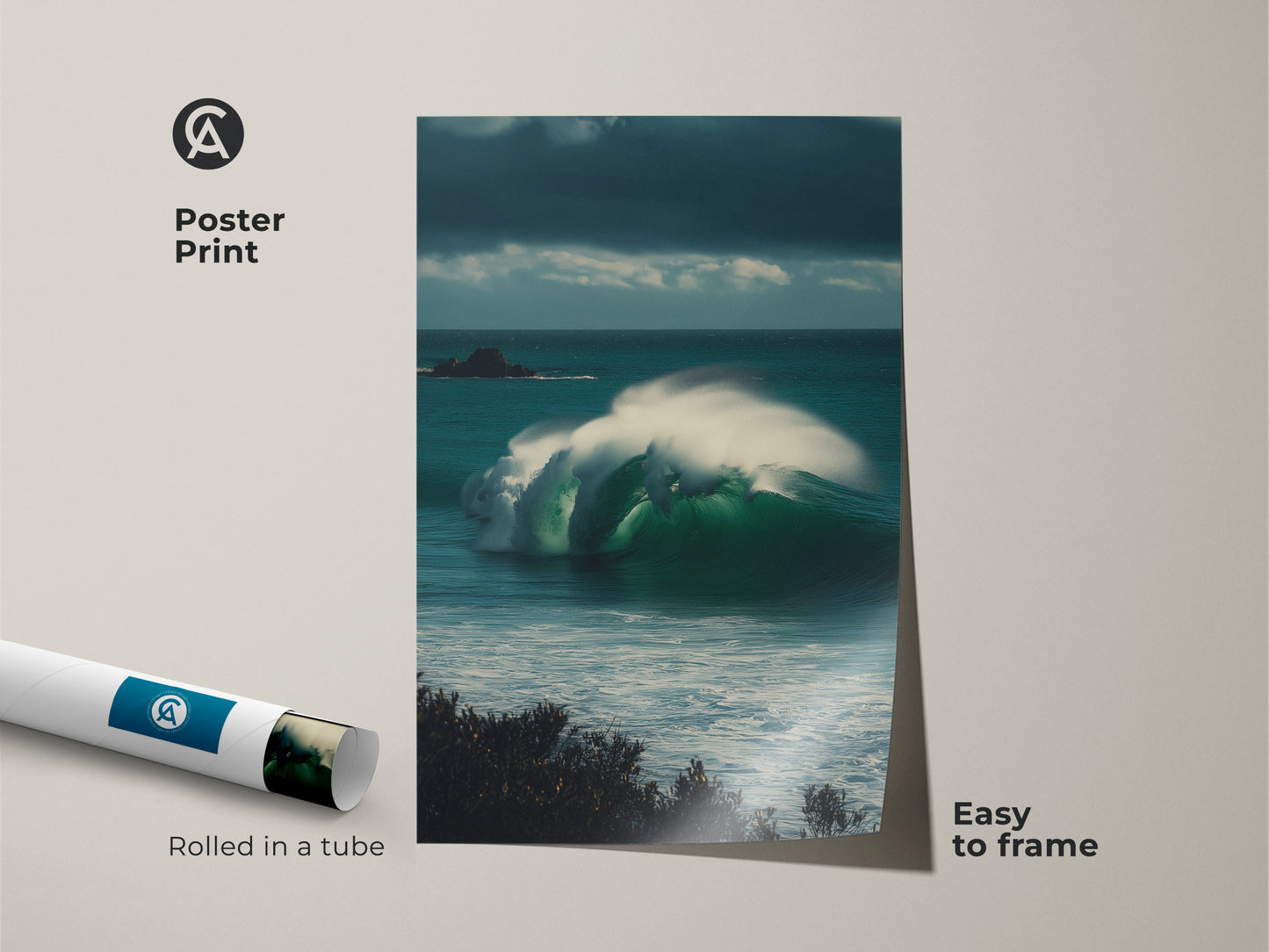 Poster Print of Teal Ocean Landscape Artwork. The deep blue ocean wave art is rolled in a tube making it easy to frame. A perfect housewarming gift for a surfer or ocean enthusiast.