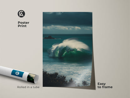 Poster Print of Teal Ocean Landscape Artwork. The deep blue ocean wave art is rolled in a tube making it easy to frame. A perfect housewarming gift for a surfer or ocean enthusiast.