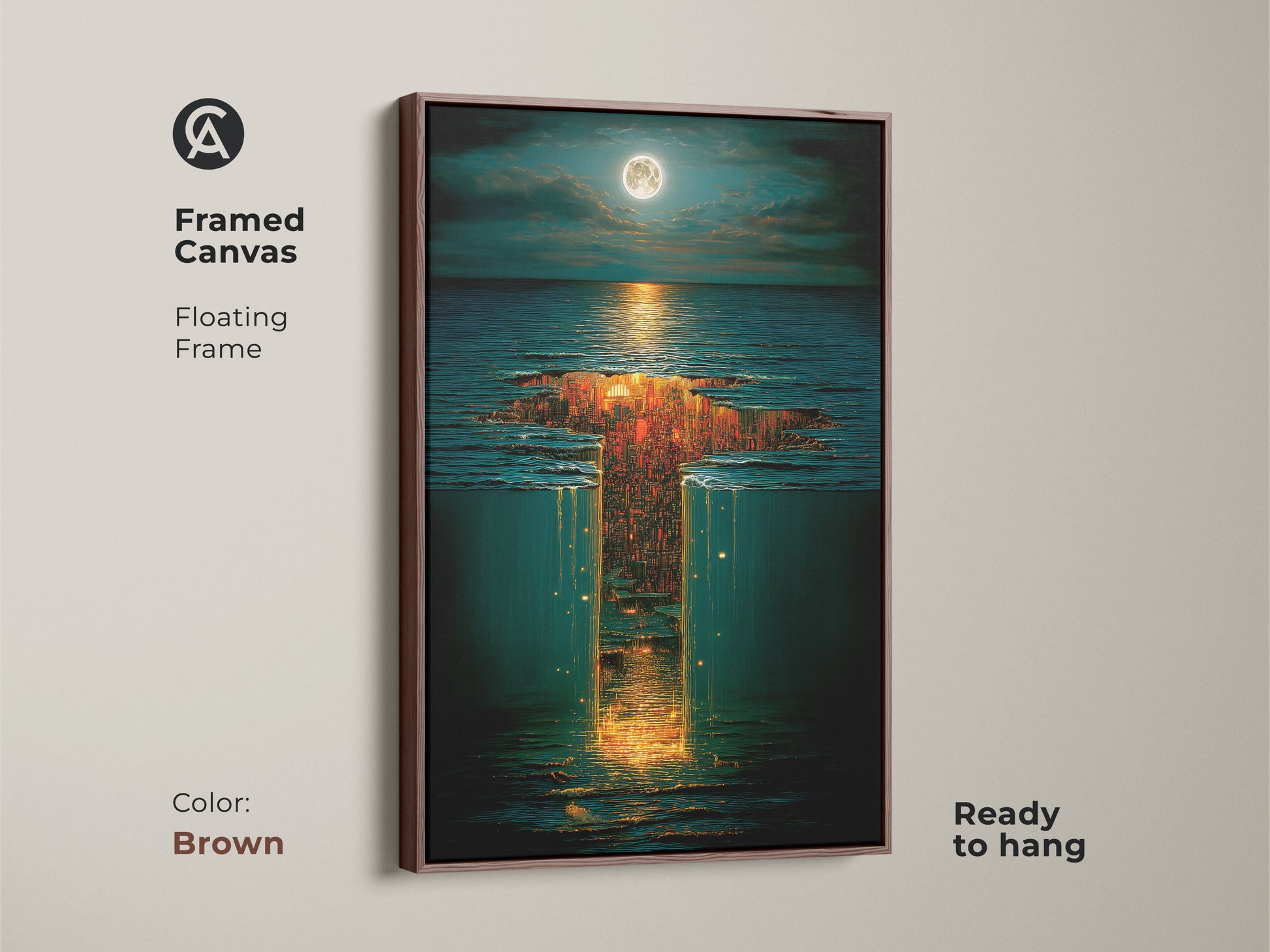Framed canvas in a brown floating frame featuring a surreal underwater city with a moonlit sky. Golden orange and deep blue art adds eclectic charm to any room. This fantasy cityscape is ready to hang as a romantic housewarming gift.