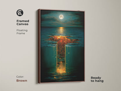 Framed canvas in a brown floating frame featuring a surreal underwater city with a moonlit sky. Golden orange and deep blue art adds eclectic charm to any room. This fantasy cityscape is ready to hang as a romantic housewarming gift.