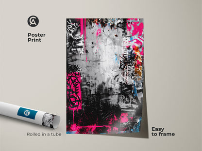 Poster print of graffiti art rolled in a tube. The artwork is easy to frame. The print showcases dynamic black and white elements with bold pink highlights. Add urban flair to your space with this modern art.