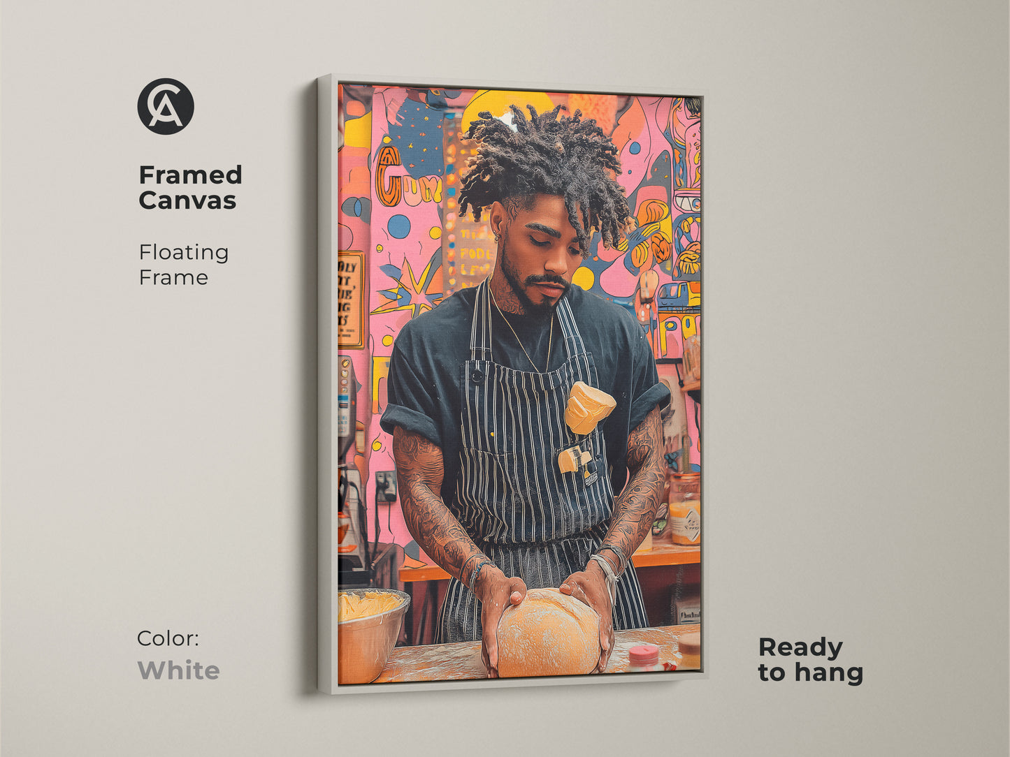 A framed canvas presents a baker kneading dough artwork with a white floating frame. This kitchen canvas showcases a modern pop art piece. The artwork includes vibrant orange yellow and pink abstract elements. Ready to hang it brings a fresh touch to a kitchen space.