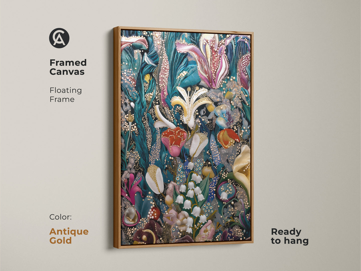 A framed canvas in antique gold featuring surreal botanical artwork. This fantasy floral art showcases Lily of the Valley and Tulips. The deep green pink and teal colors make it an eclectic home decor. Ready to hang this piece adds a touch of whimsy.