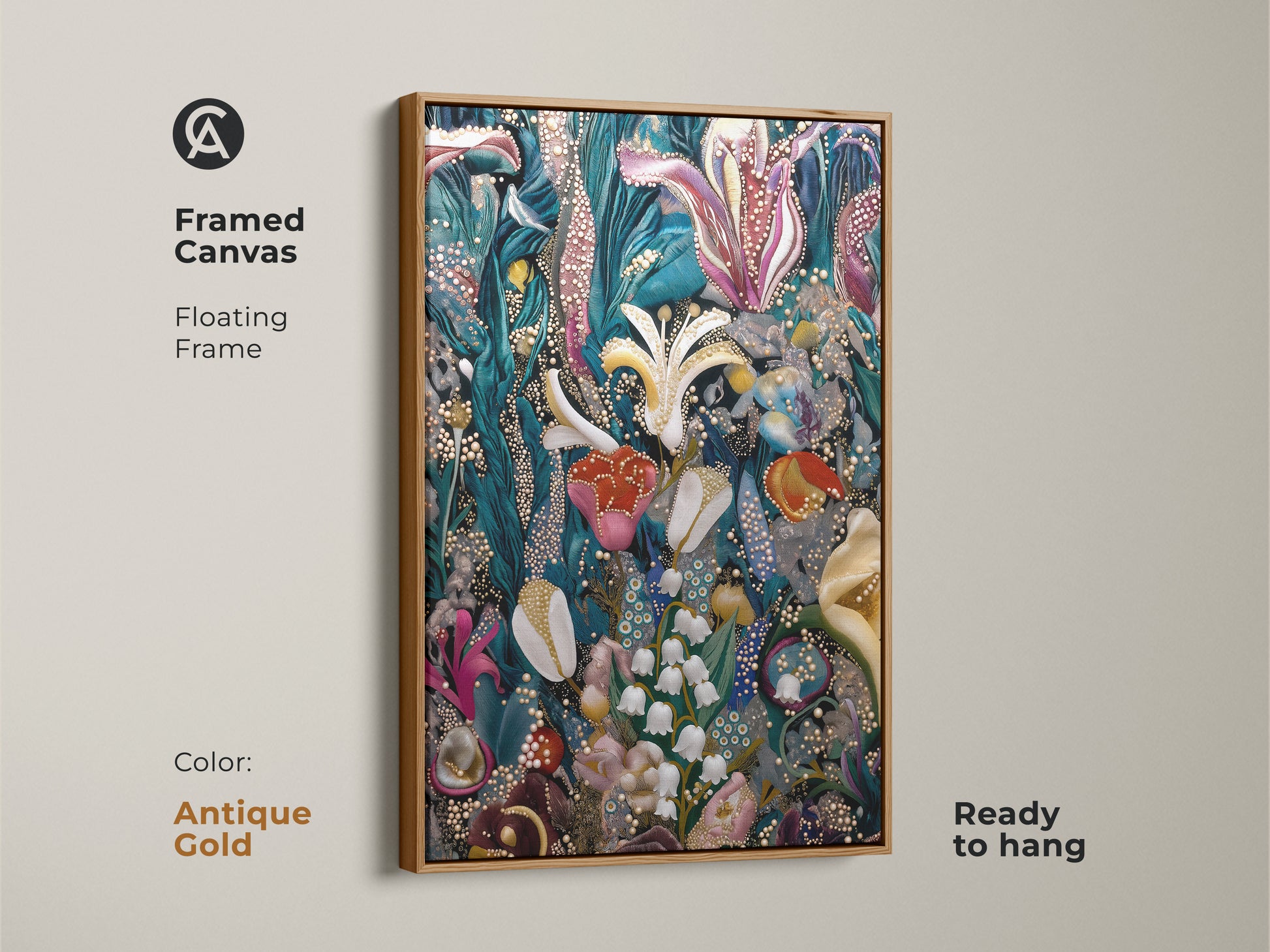 A framed canvas in antique gold featuring surreal botanical artwork. This fantasy floral art showcases Lily of the Valley and Tulips. The deep green pink and teal colors make it an eclectic home decor. Ready to hang this piece adds a touch of whimsy.