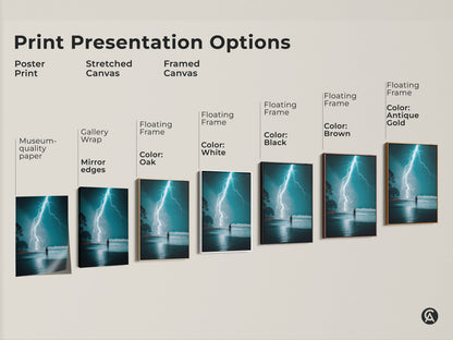 Explore print presentation options for electric blue ocean storm art. Choose from poster prints stretched canvas and framed canvas. The artwork features a surfer facing a lightning strike. Find museum-quality paper gallery wraps and floating frames. Perfect for adding contemporary coastal art to your space.