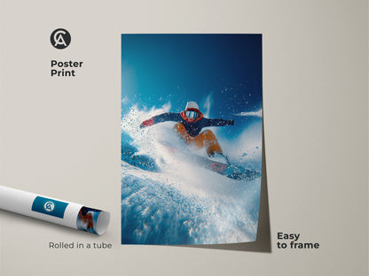 A poster print displays a snowboarder artwork ready to frame. This museum-quality paper captures the adrenaline of winter sports. Rolled in a tube for protection it's easy to display. Perfect for action art lovers.
