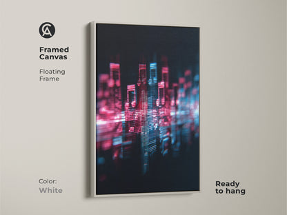 White Framed Canvas showcasing an abstract cityscape and music notes. The magenta and blue hues create a glitch art effect. This modern artwork is ready to hang. Perfect as office decor or a unique housewarming gift. The digital cityscape canvas enhances any space.