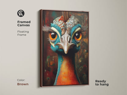 Framed fantasy peacock canvas art with a brown floating frame. The wall art bird provides a high-quality ready-to-hang art piece. The colorful bird art print complements any eclectic home.