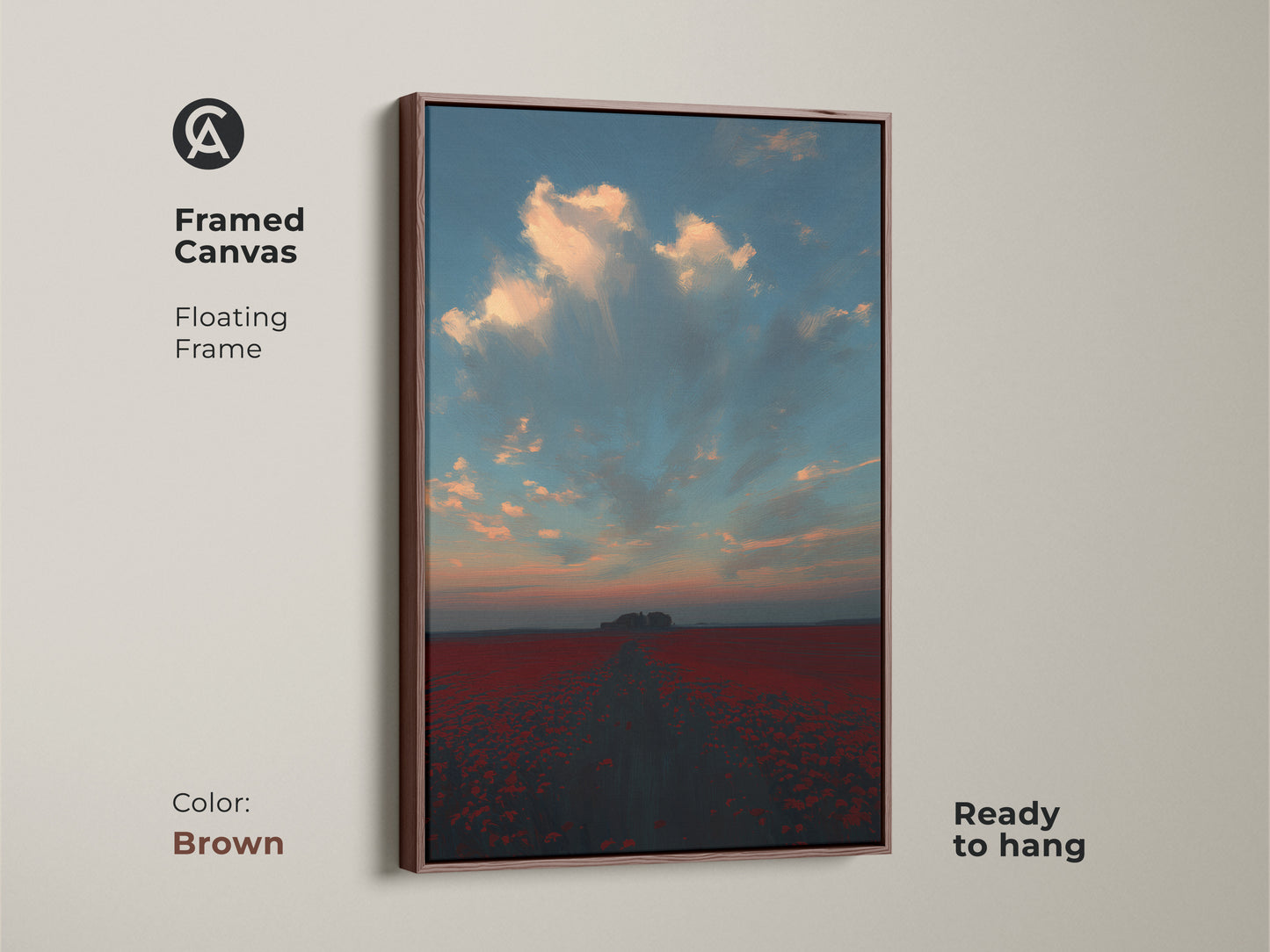 A framed canvas with a floating frame displays an impressionistic poppy field. This romantic landscape wall art is ready to hang. The brown frame complements the red floral nature print. The sunset sky clouds artwork is great bohemian style wall art.