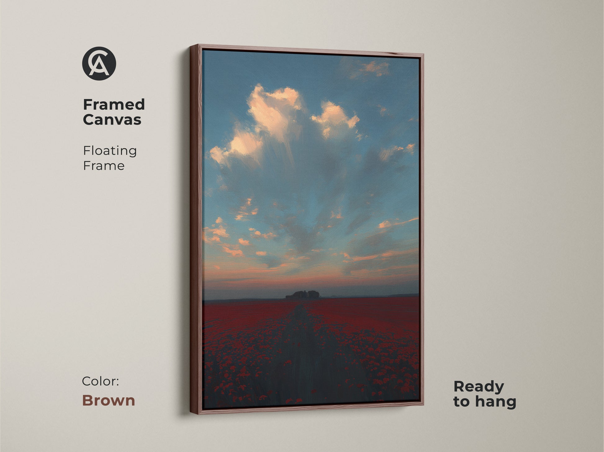 A framed canvas with a floating frame displays an impressionistic poppy field. This romantic landscape wall art is ready to hang. The brown frame complements the red floral nature print. The sunset sky clouds artwork is great bohemian style wall art.