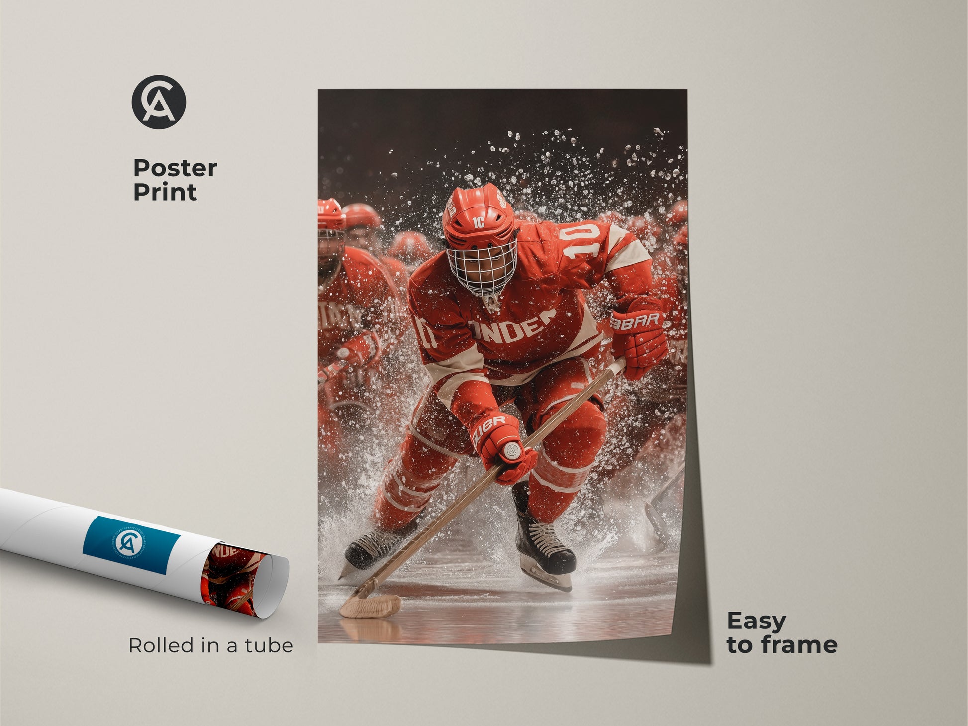 A poster print showcasing a dynamic ice hockey player. Rendered in reds and whites this sports artwork brings action to any room. Rolled for easy framing it is a perfect gift for hockey enthusiasts. The artwork captures the intensity of team sports.