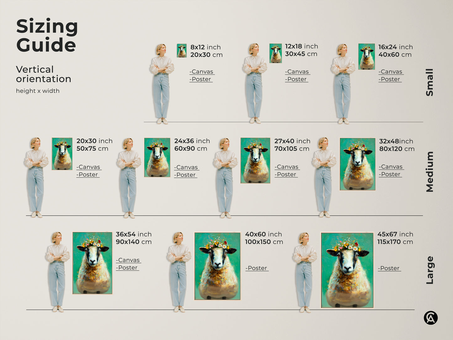 Sizing guide for vertical floral crown sheep art. Available as canvas or poster in sizes from small to large. Find the perfect fit for your space. Transform your walls with this emerald green and teal artwork. Ideal for adding a touch of farmhouse charm with this unique animal print.