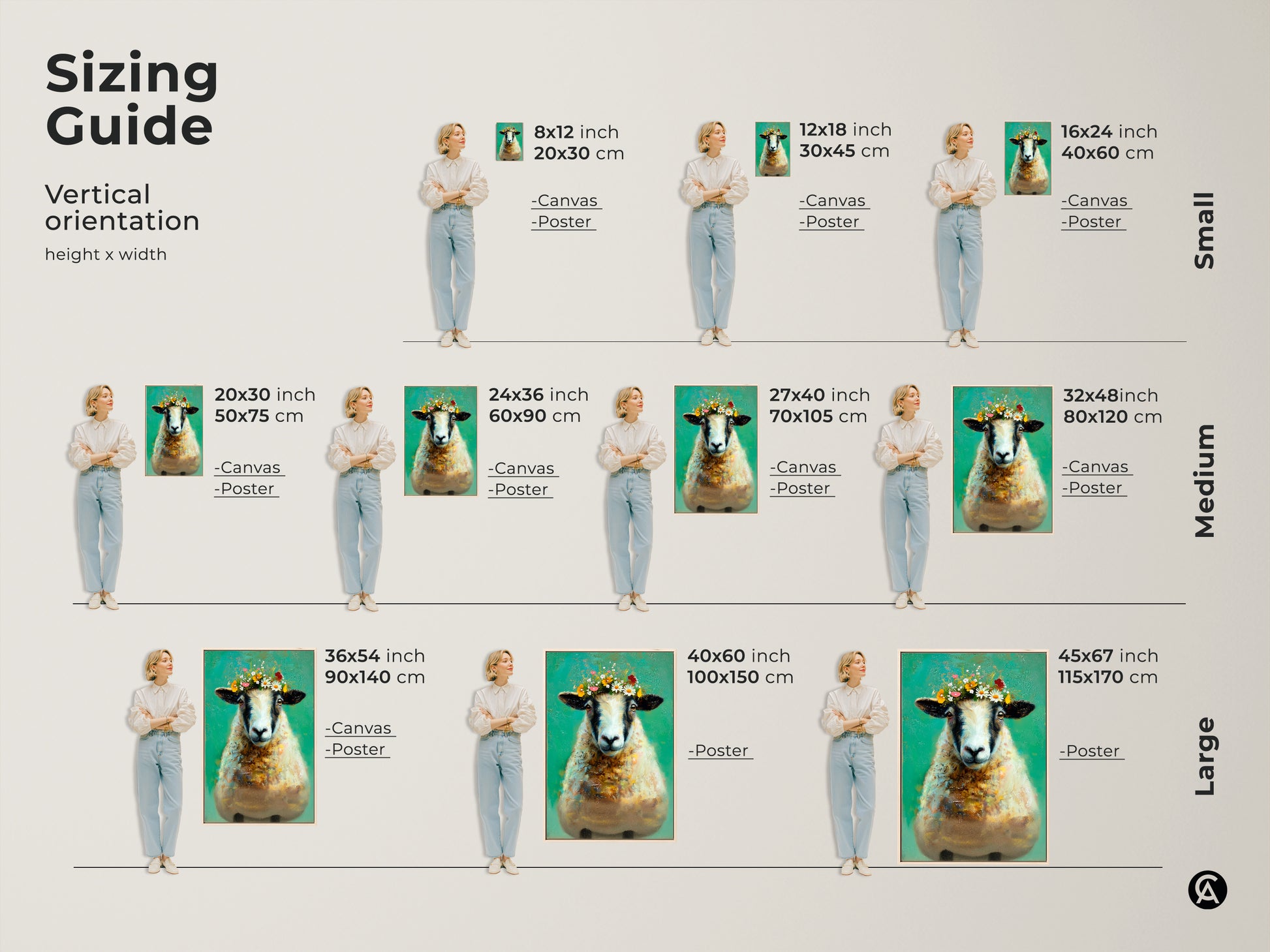 Sizing guide for vertical floral crown sheep art. Available as canvas or poster in sizes from small to large. Find the perfect fit for your space. Transform your walls with this emerald green and teal artwork. Ideal for adding a touch of farmhouse charm with this unique animal print.