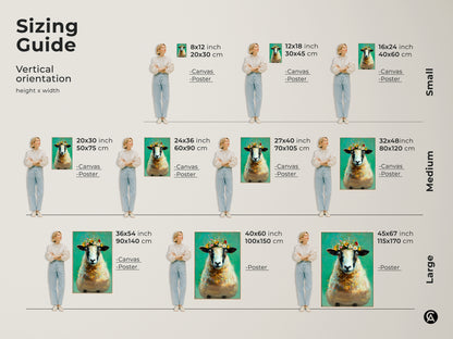 Sizing guide for vertical floral crown sheep art. Available as canvas or poster in sizes from small to large. Find the perfect fit for your space. Transform your walls with this emerald green and teal artwork. Ideal for adding a touch of farmhouse charm with this unique animal print.