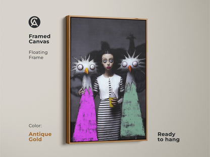 Eclectic pink green and black wall decor in an antique gold framed canvas. This dark fantasy artwork features a girl and bizarre monster characters. The surreal monster character art is ready to hang and features a floating frame.