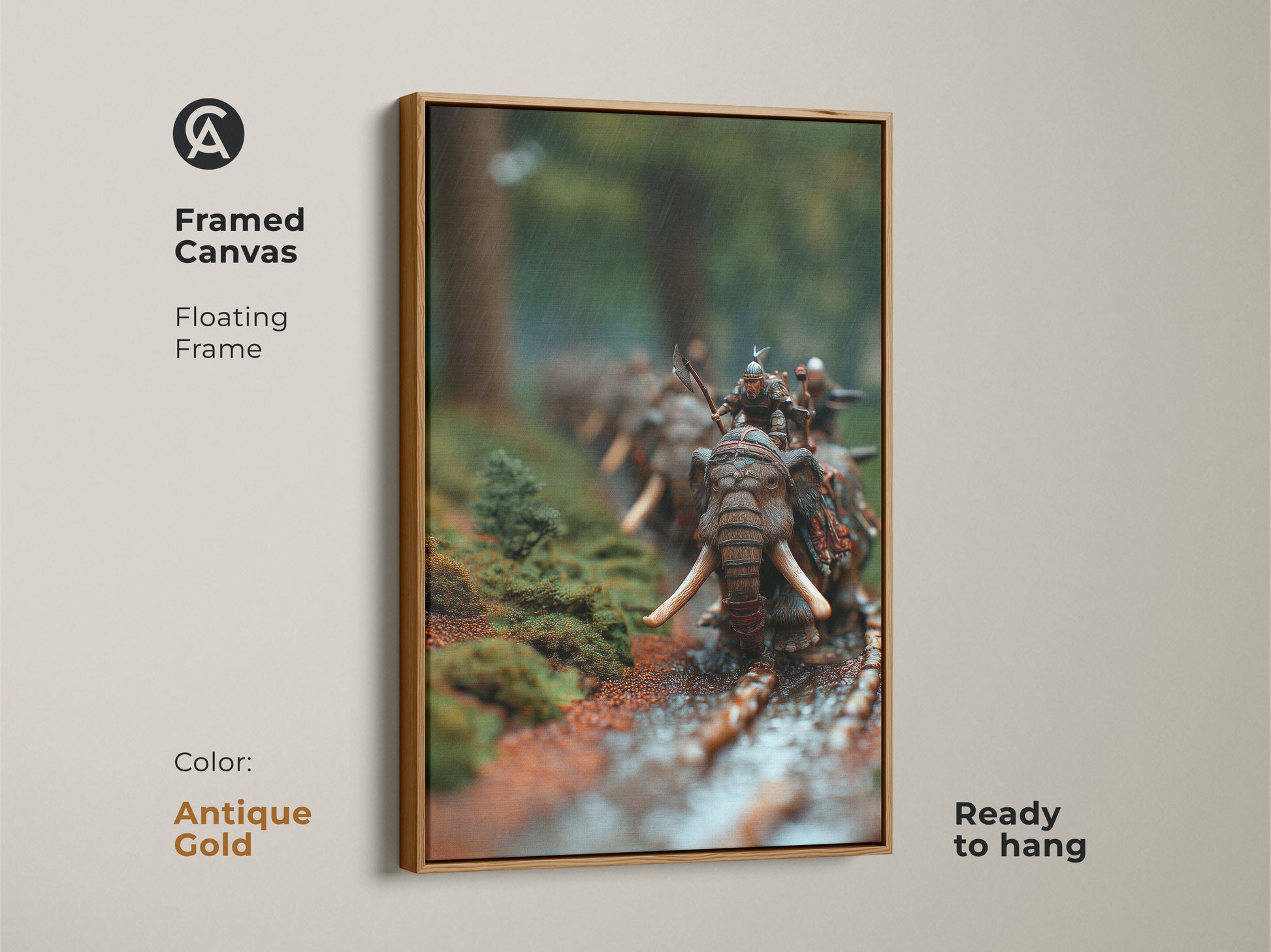 See framed canvas art of a dark fantasy elephant warrior. The floating frame enhances the forest battle scene. This miniature warfare canvas adds eclectic style to any room. It's a great gift for history buffs. This unique animal print brings epic fantasy to your walls. Ready to hang in antique gold.