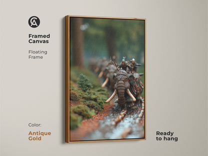 See framed canvas art of a dark fantasy elephant warrior. The floating frame enhances the forest battle scene. This miniature warfare canvas adds eclectic style to any room. It's a great gift for history buffs. This unique animal print brings epic fantasy to your walls. Ready to hang in antique gold.
