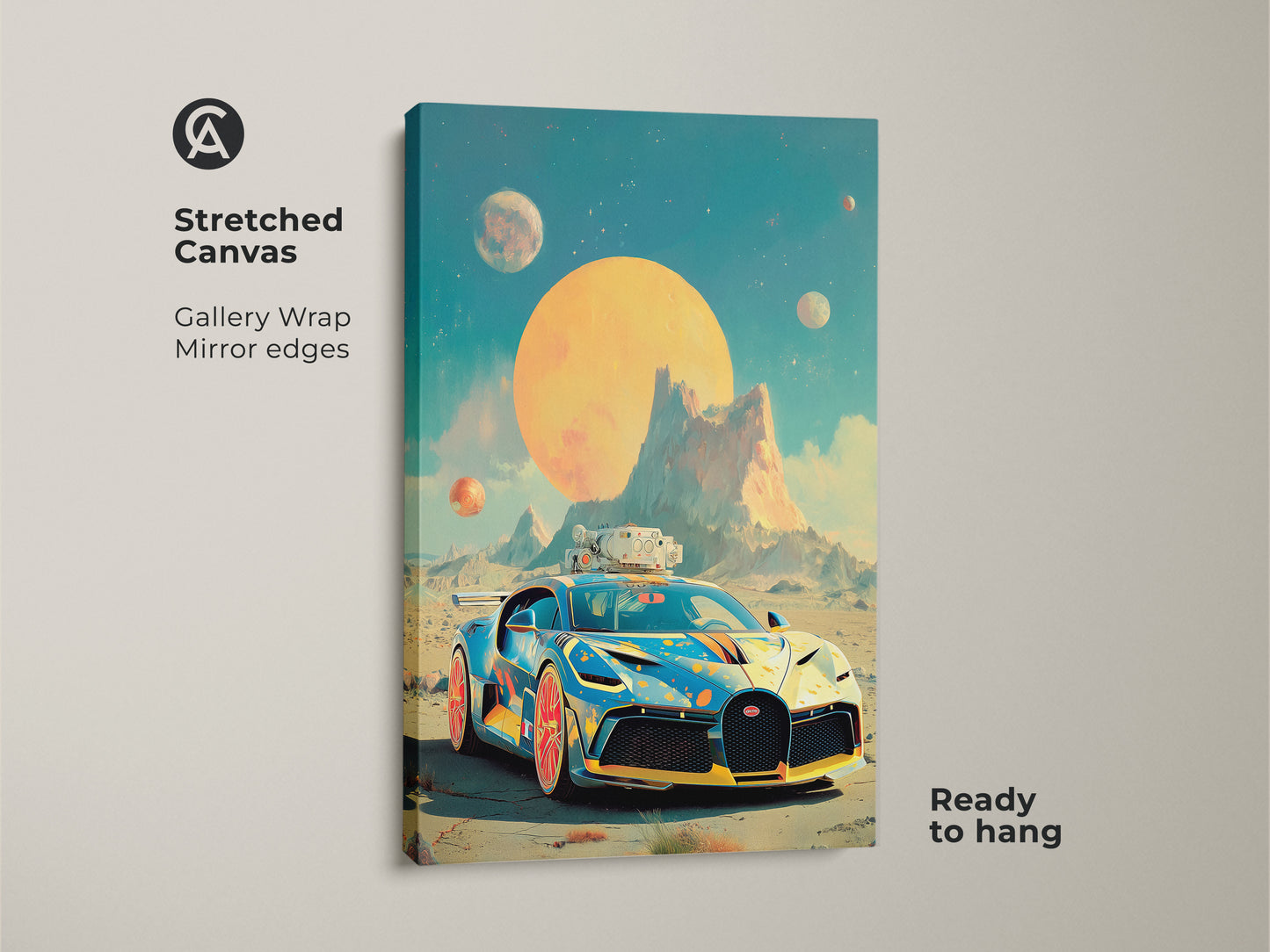 Cyberpunk sports car art print on a stretched canvas. The retro futurism car canvas features a gallery wrap with mirrored edges. Ready to hang this sci-fi vehicle artwork is great as office wall art. The teal orange palette and alien planet landscape make a unique art gift.