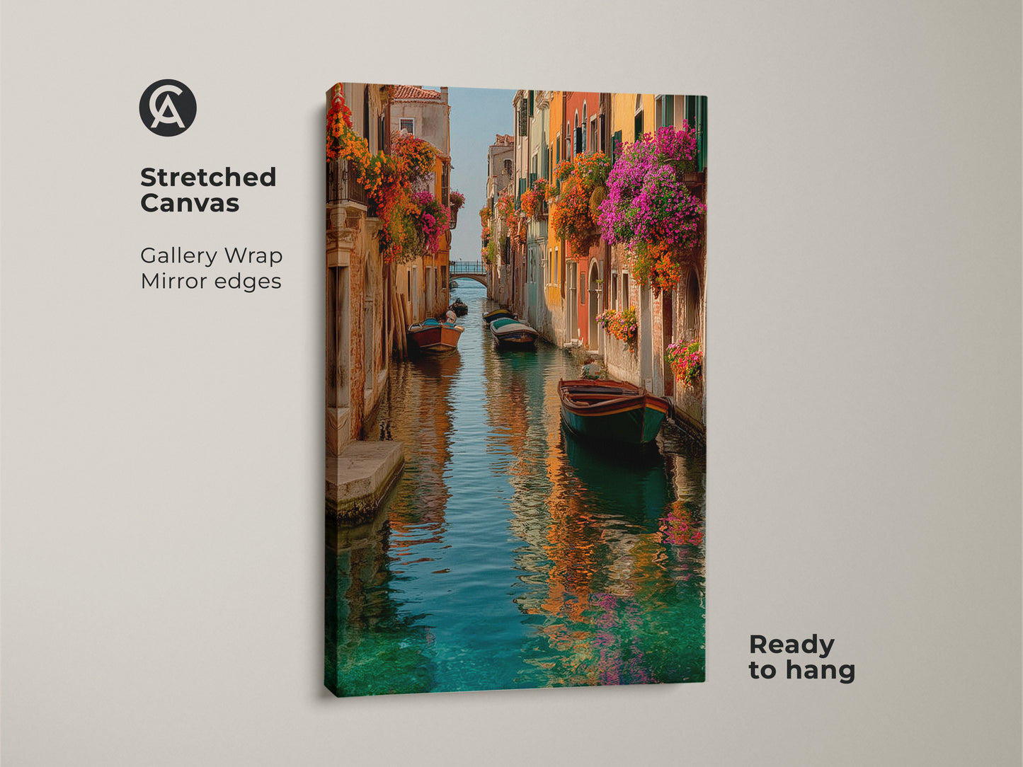 Stretched canvas art of a Venice canal with a gallery wrap. The edges are mirrored and ready to hang. Colorful boats and flowers adorn this Italian landscape.