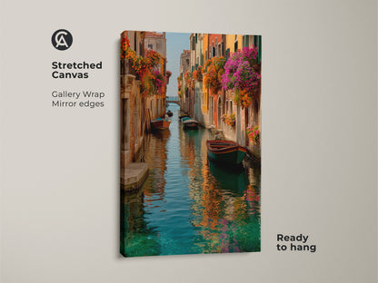 Stretched canvas art of a Venice canal with a gallery wrap. The edges are mirrored and ready to hang. Colorful boats and flowers adorn this Italian landscape.