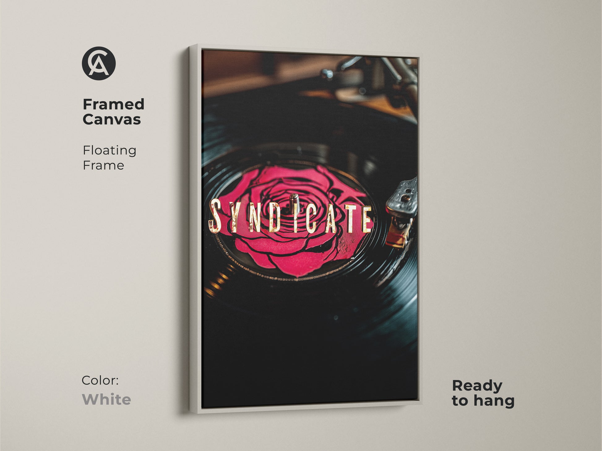 White framed canvas of Syndicate vinyl record artwork. A red rose and gold typography are featured on a vinyl record. Floating frame is ready to hang. A modern retro canvas for any room.
