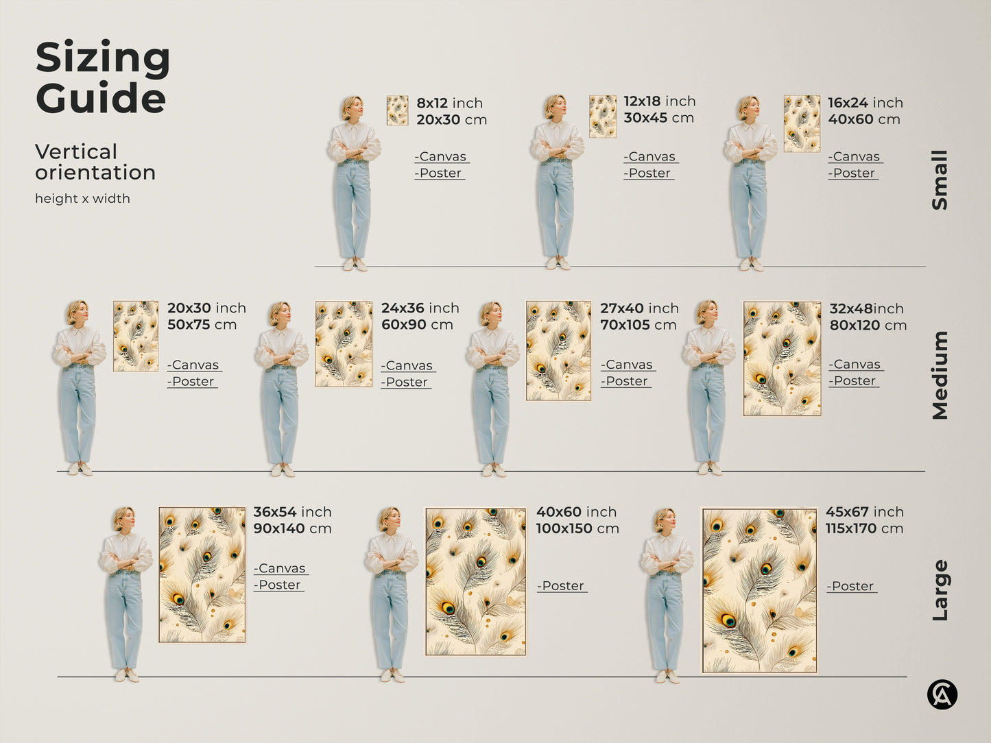 Sizing guide for peacock feather artwork in vertical orientation. Available in small medium and large sizes for canvas and poster prints. The cream teal and gold artwork fits perfectly in any space. Nature inspired canvas for your home.