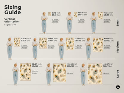 Sizing guide for peacock feather artwork in vertical orientation. Available in small medium and large sizes for canvas and poster prints. The cream teal and gold artwork fits perfectly in any space. Nature inspired canvas for your home.