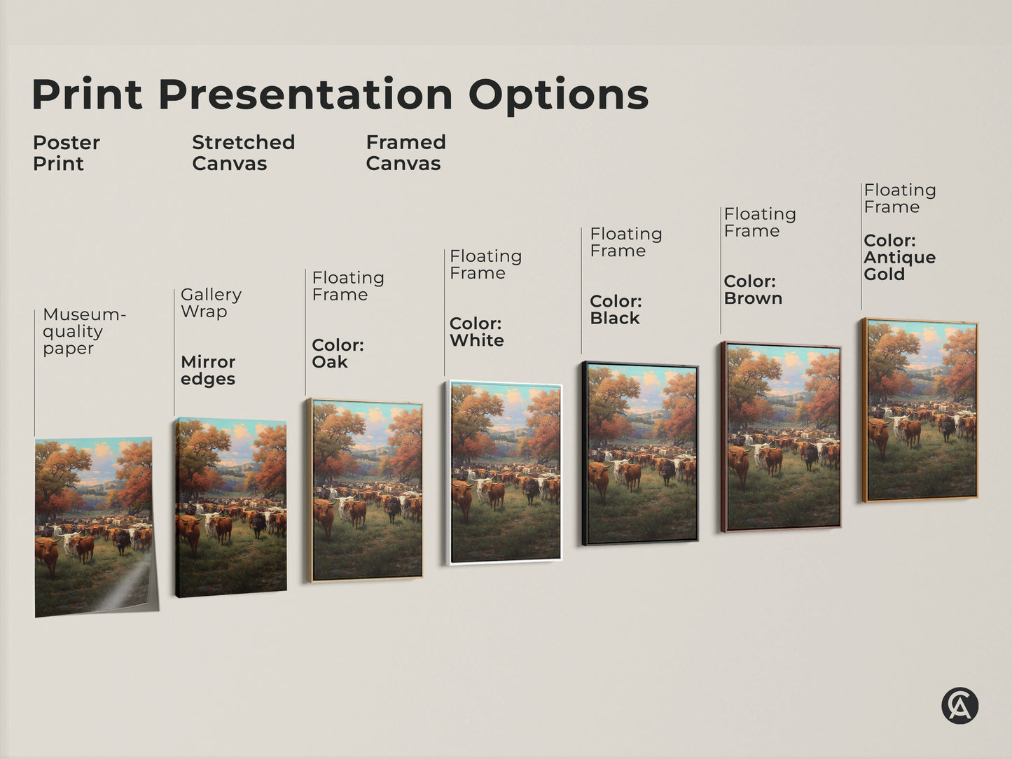 Explore print presentation options including poster prints stretched and framed canvas. Discover various framing options such as gallery wrap floating frame and mirror edges. Find the perfect style to showcase this western landscape wall art in your home.