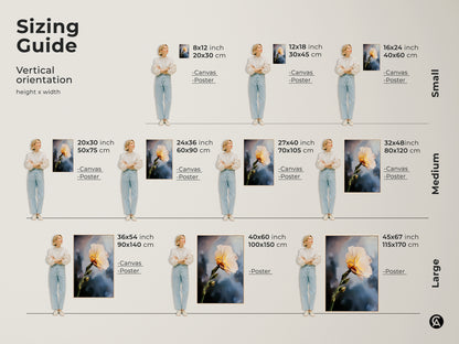 Sizing guide for a vertical cream and yellow flower art print. Visualize canvas and poster options in small medium and large sizes. Find the perfect fit for your space with this contemporary botanical artwork. Ideal for home decor.