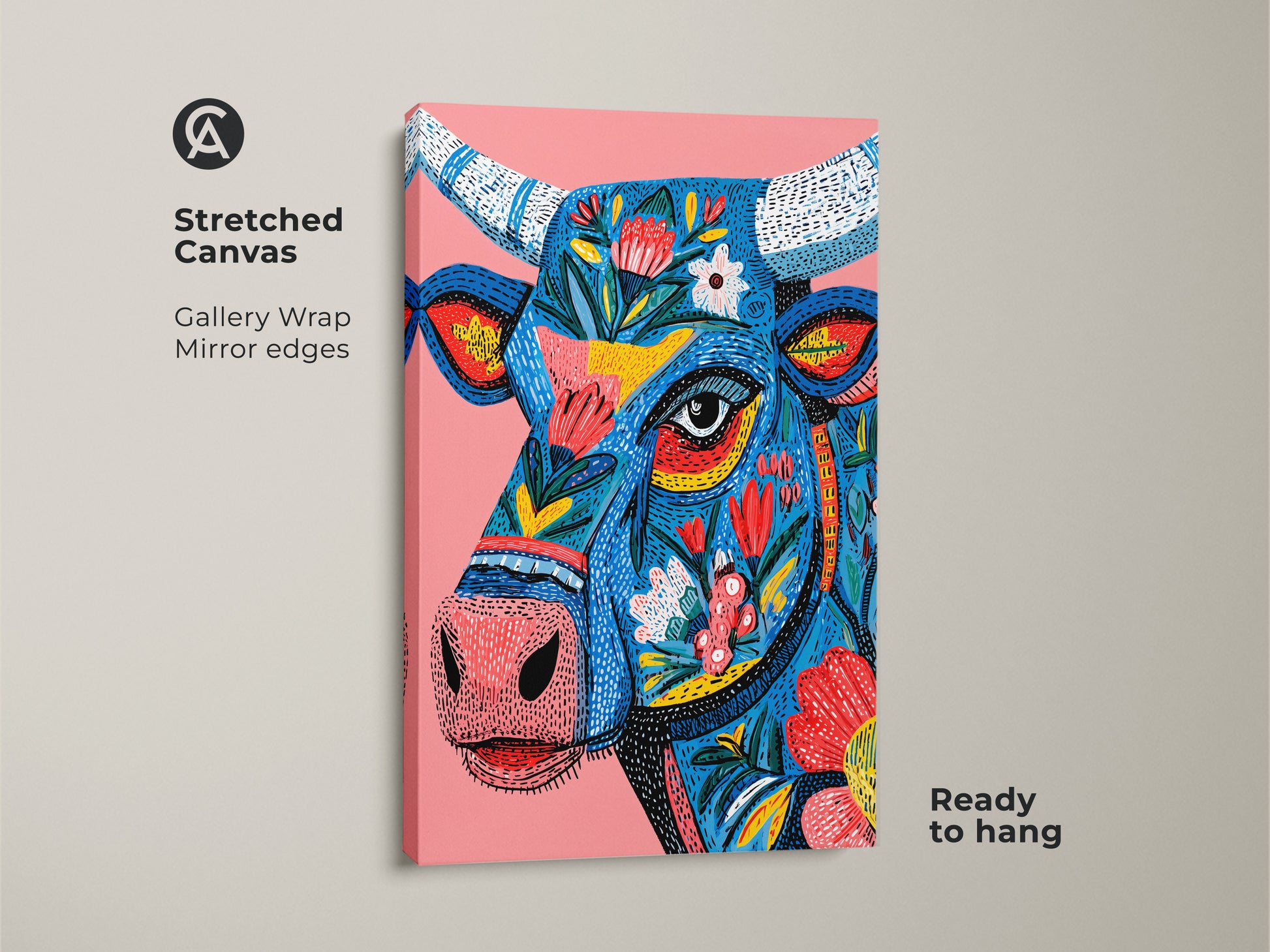 Stretched canvas print of a floral bull artwork. The gallery wrap and mirror edges provide a modern look. The colorful bull art is ready to hang. This canvas print is perfect for animal lovers. Add a touch of whimsy to your home decor today.