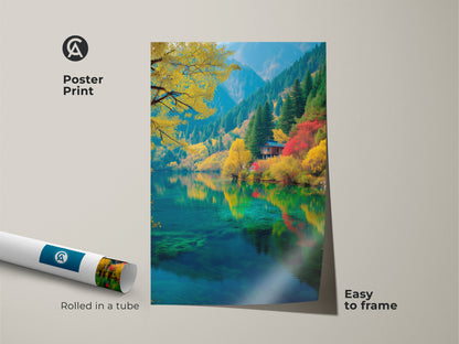 Poster print of a beautiful lake scene. The artwork features vibrant fall colors and a quaint cabin mirrored in the clear water. This museum-quality paper print is easy to frame. Bring the tranquility of nature into your space with this elegant wall decor.