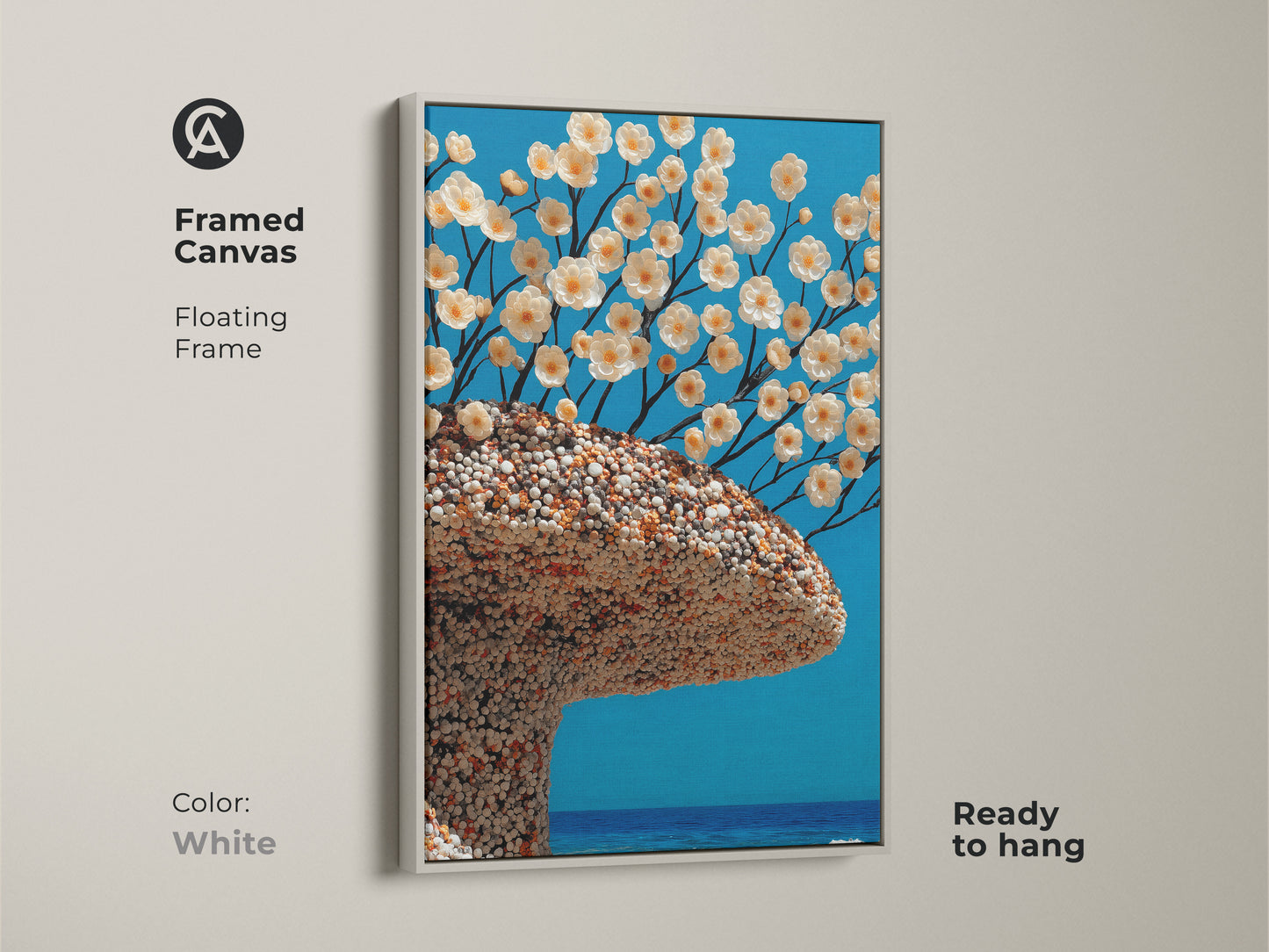 Surreal botanical artwork on a framed canvas with a white floating frame. This piece features a unique tree with white flowers against an aqua backdrop. Perfect for adding an artistic touch to modern spaces this nature-inspired art is ready to hang.