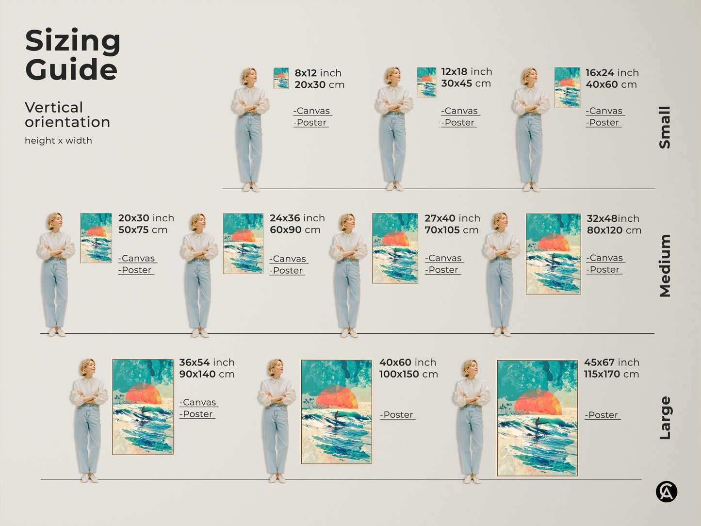 Find the perfect fit with our sizing guide for this surf artwork. See how canvas and poster art looks in different sizes. A surfer rides a wave under a setting sun. Visualize art in your home. Explore the range of sizes to enhance your decor.