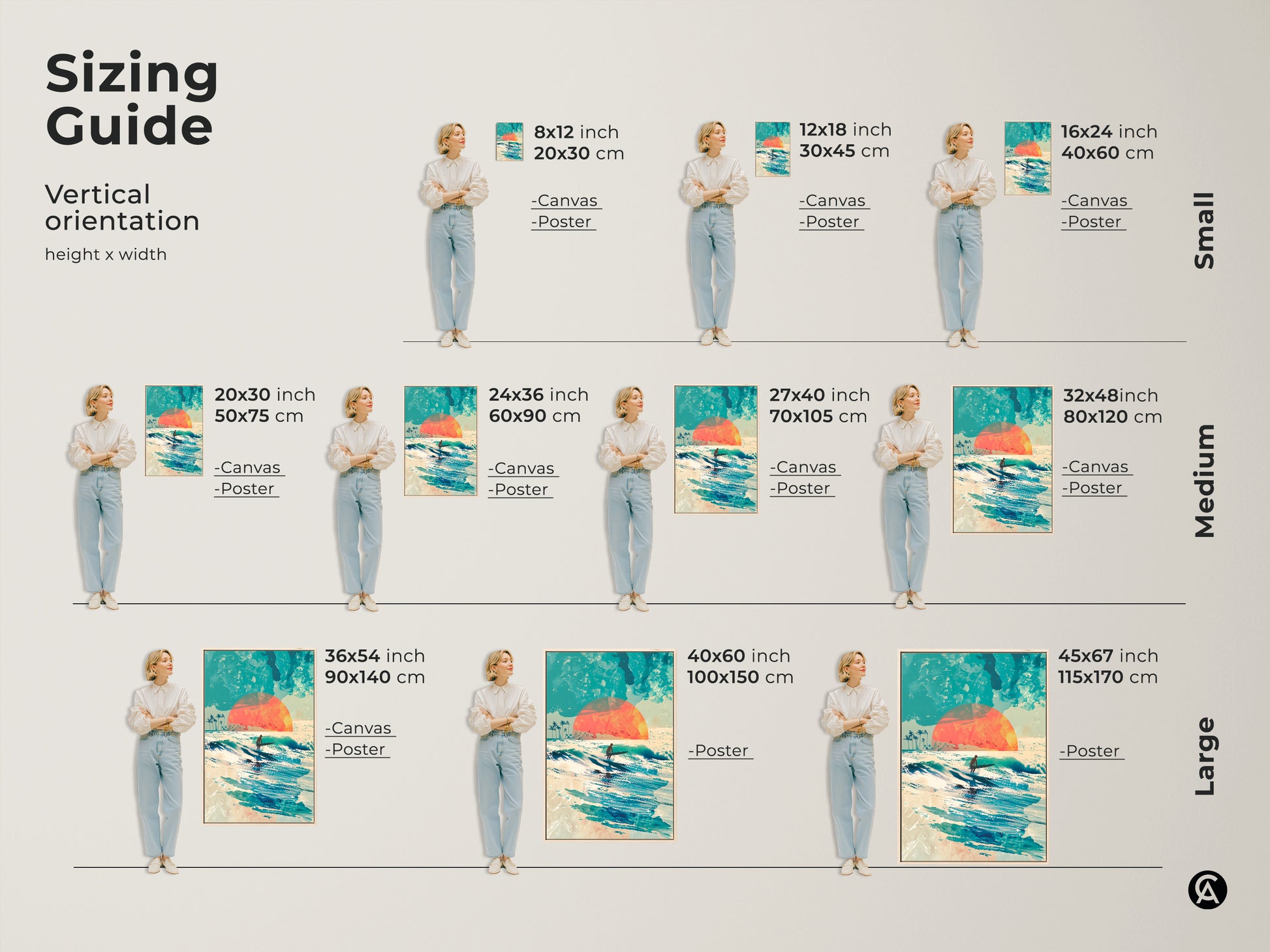Find the perfect fit with our sizing guide for this surf artwork. See how canvas and poster art looks in different sizes. A surfer rides a wave under a setting sun. Visualize art in your home. Explore the range of sizes to enhance your decor.