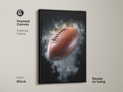 Framed canvas featuring a smoky football design with a black floating frame. This contemporary sports print is ready to hang. It is a perfect piece of unique man cave art or professional office decor.