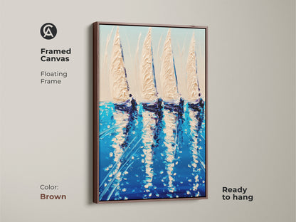 A brown framed canvas. A coastal ocean wall art decor piece is ready to hang. It showcases deep blue nautical artwork in an impressionistic style. Perfect for adding nautical charm to any room. Ideal housewarming gift for lovers of the sea.