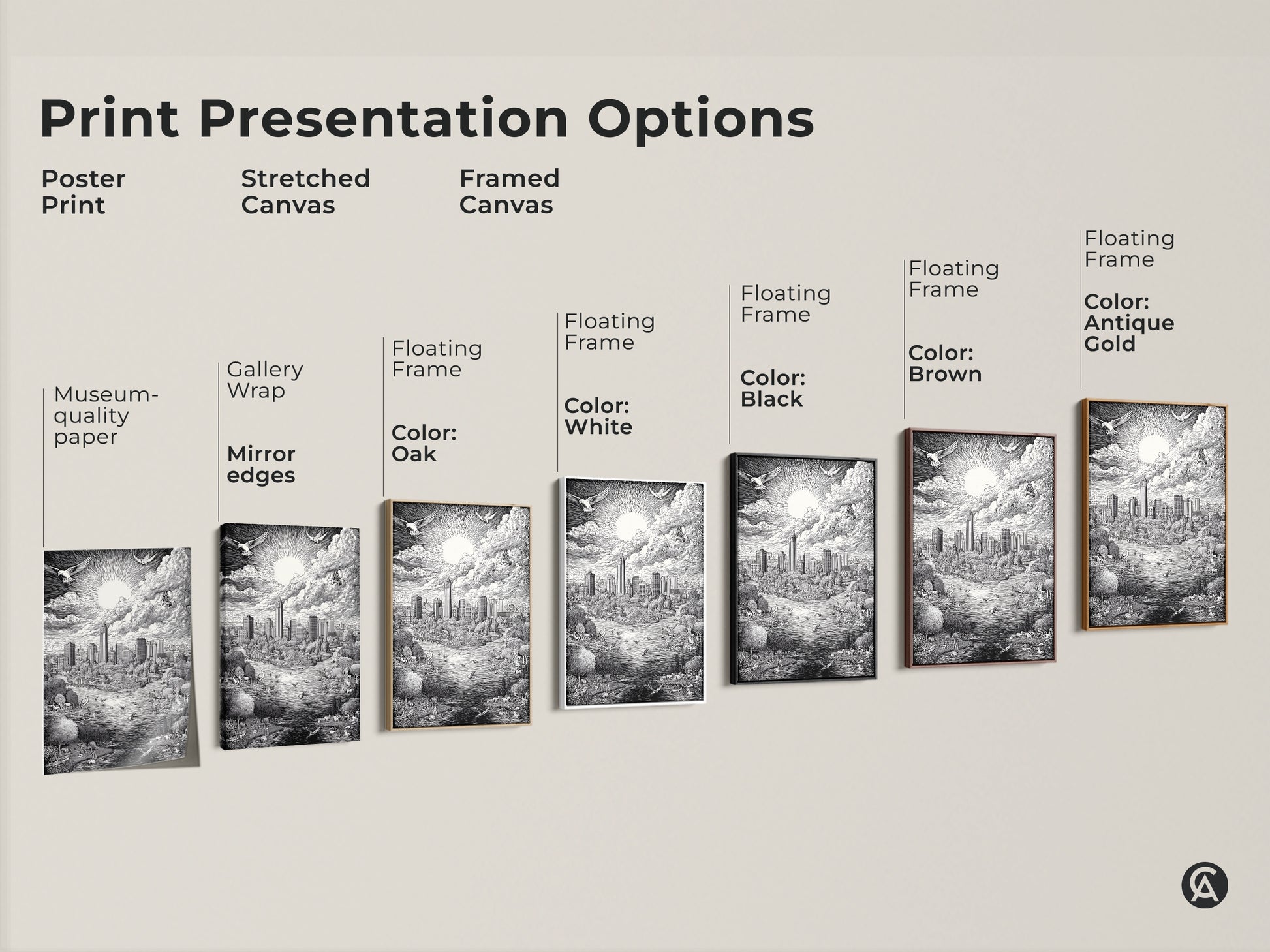 Explore print presentation options for the Austin Texas Skyline art. Choose from poster prints stretched canvases and framed canvases. Select a frame color that matches your home decor. Each option highlights the intricate details of the artwork.