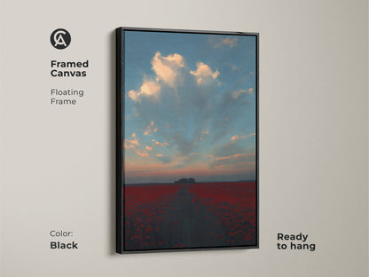 A framed canvas with a floating frame displays an impressionistic poppy field. This romantic landscape wall art is ready to hang. The black frame enhances the red floral nature print. The sunset sky clouds artwork is a perfect housewarming gift.
