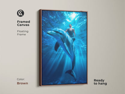Framed canvas artwork shows a man swimming with a dolphin underwater. The brown floating frame complements this unique fantasy creature art. Ready to hang this piece brings oceanic home decor to your space.