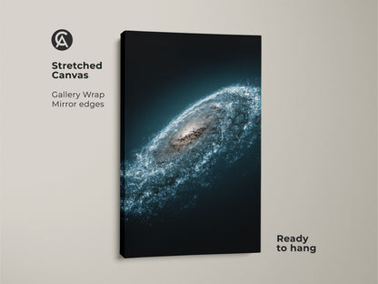 Stretched Canvas of the Andromeda galaxy. The deep space blue wall art has gallery wrap mirror edges. Ready to hang this starry white nebula print brings cosmic art to any bedroom.